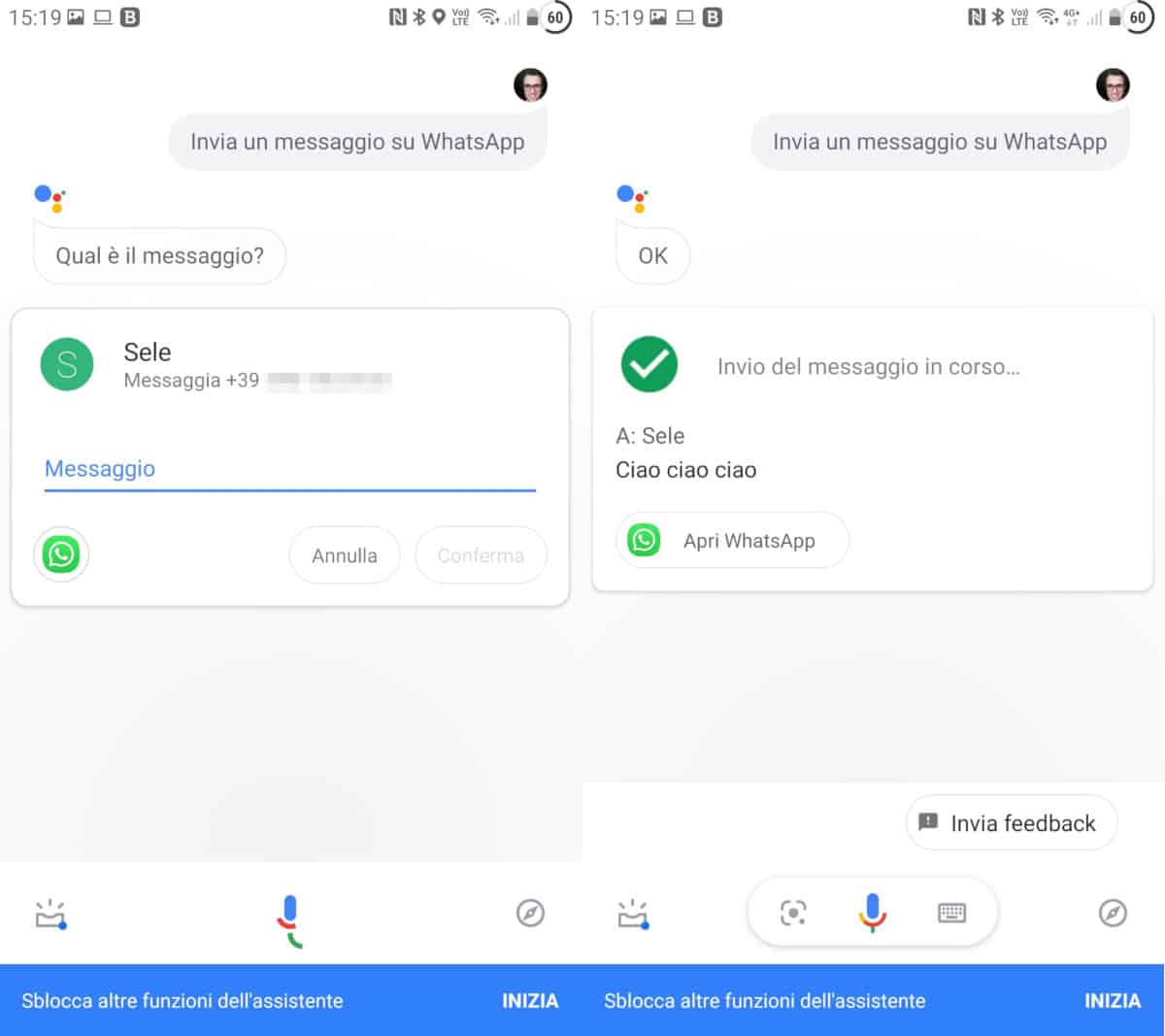 esempio invio messaggio WhatsApp con assistente Google