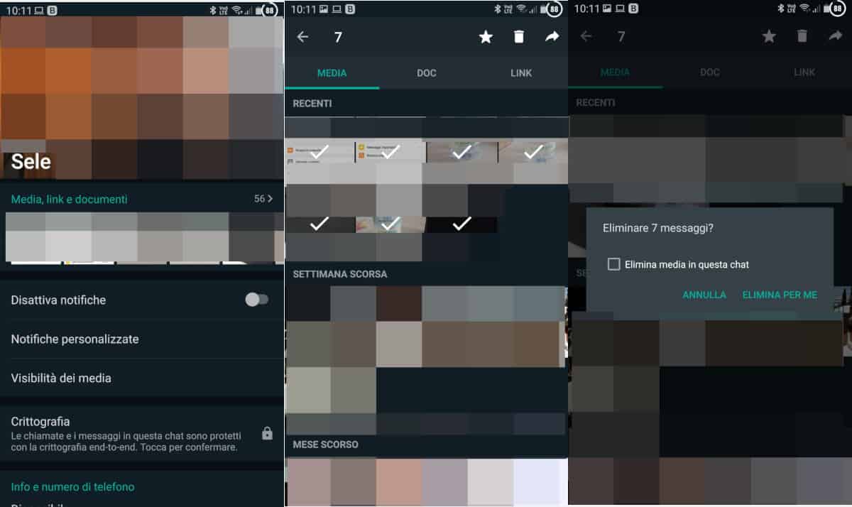 eliminare le foto e i video da WhatsApp singola chat