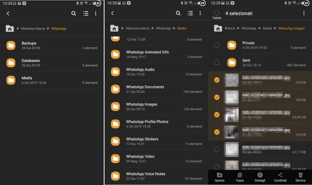 eliminare le foto e i video da WhatsApp tramite gestione file Android