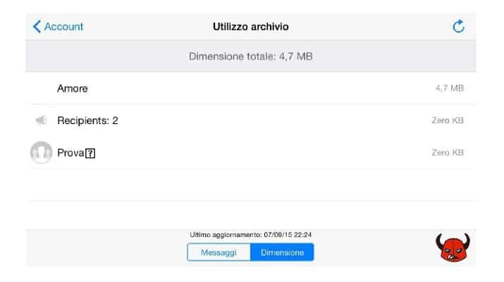 Utilizzo archivio WhatsApp iPhone dimensione file