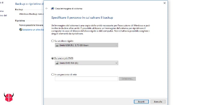 fare backup Windows 10 percorso