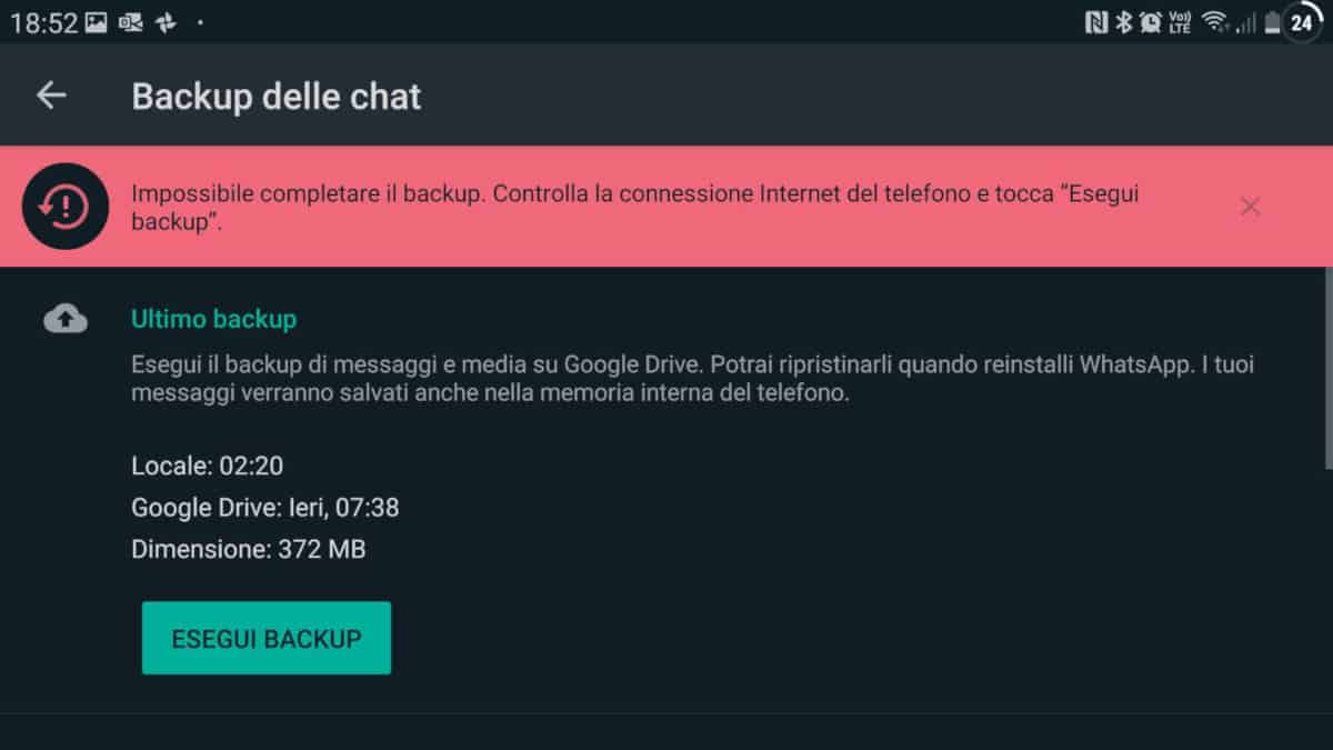 non salvare foto e video WhatsApp esempio problema backup