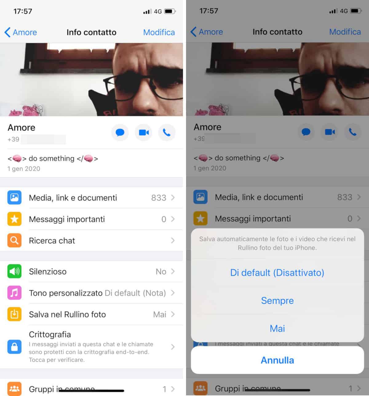 non salvare foto e video WhatsApp singola chat iPhone