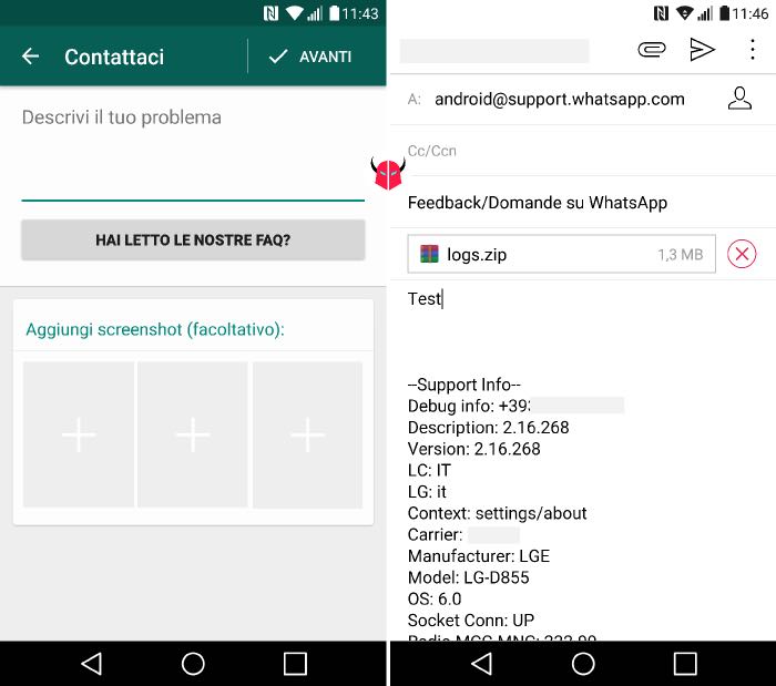 come contattare WhatsApp invio email