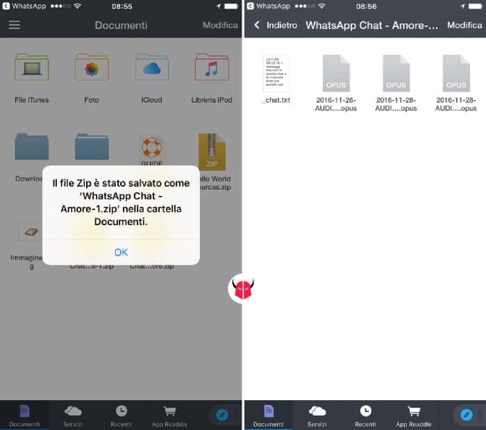 come salvare messaggi vocali WhatsApp su iPhone importazione Documents