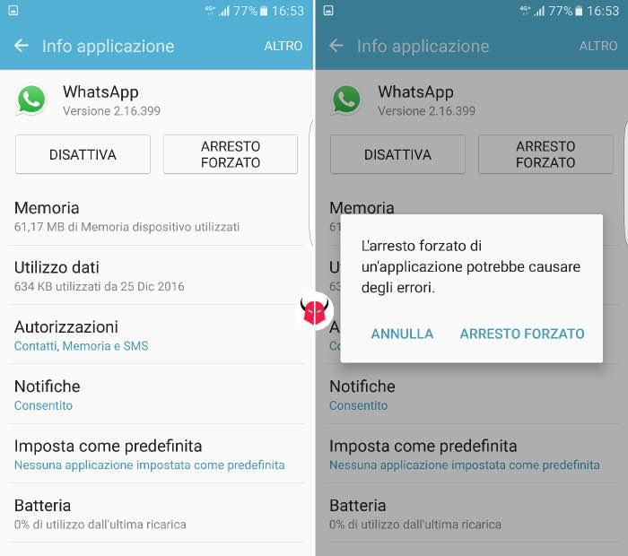 come disconnettere WhatsApp su Android chiusura applicazione