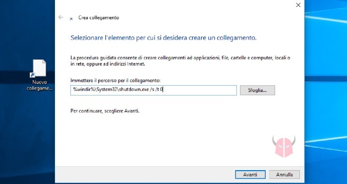 come spegnere PC Windows 10 collegamento sul Desktop