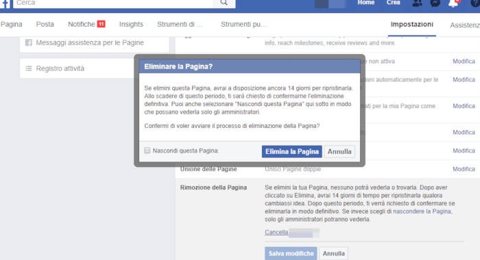 come chiudere Pagina Facebook eliminazione PC