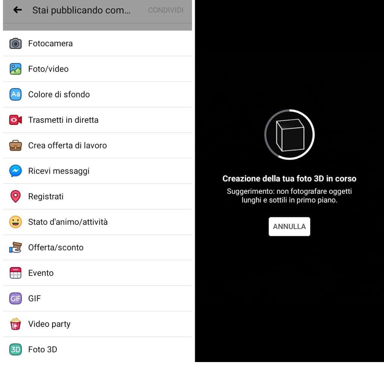 come fare le foto 3D su Facebook creazione post sul profilo