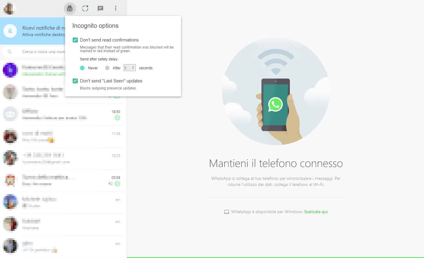 come non farsi vedere online su WhatsApp estensione Chrome WAIncognito