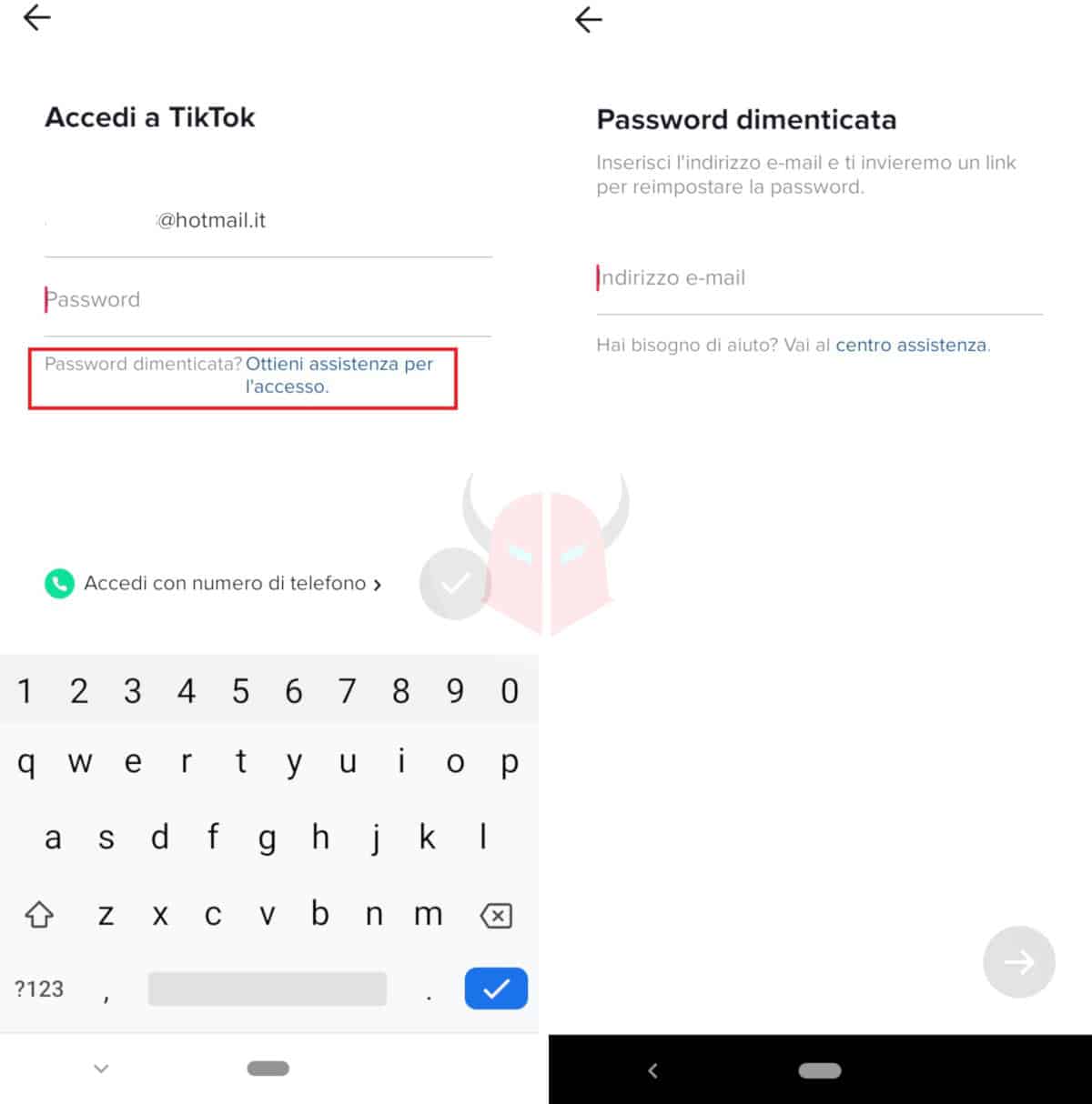 eliminare account TikTok schermata Password dimenticata