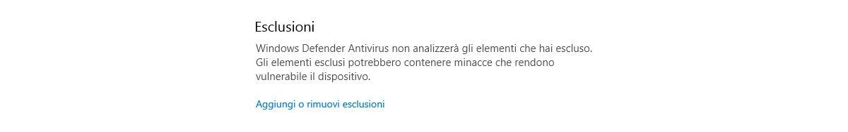 come disattivare Windows Defender esclusioni