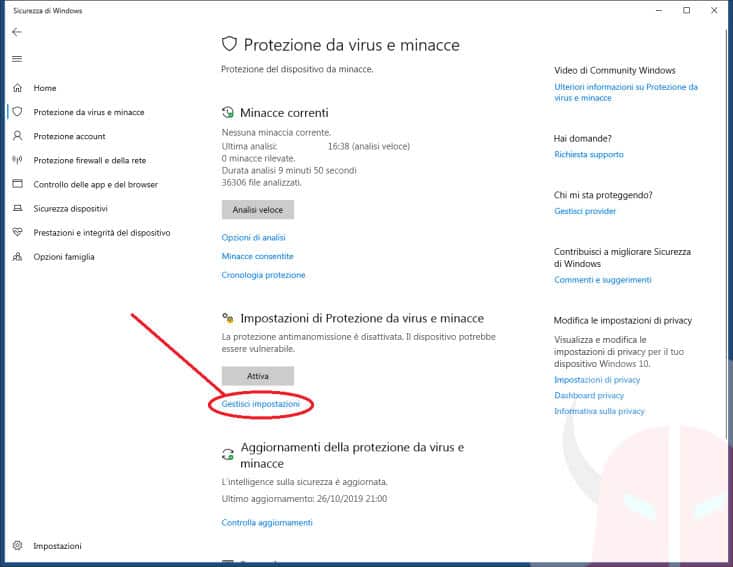 come disattivare Windows Defender opzione antimanomissione