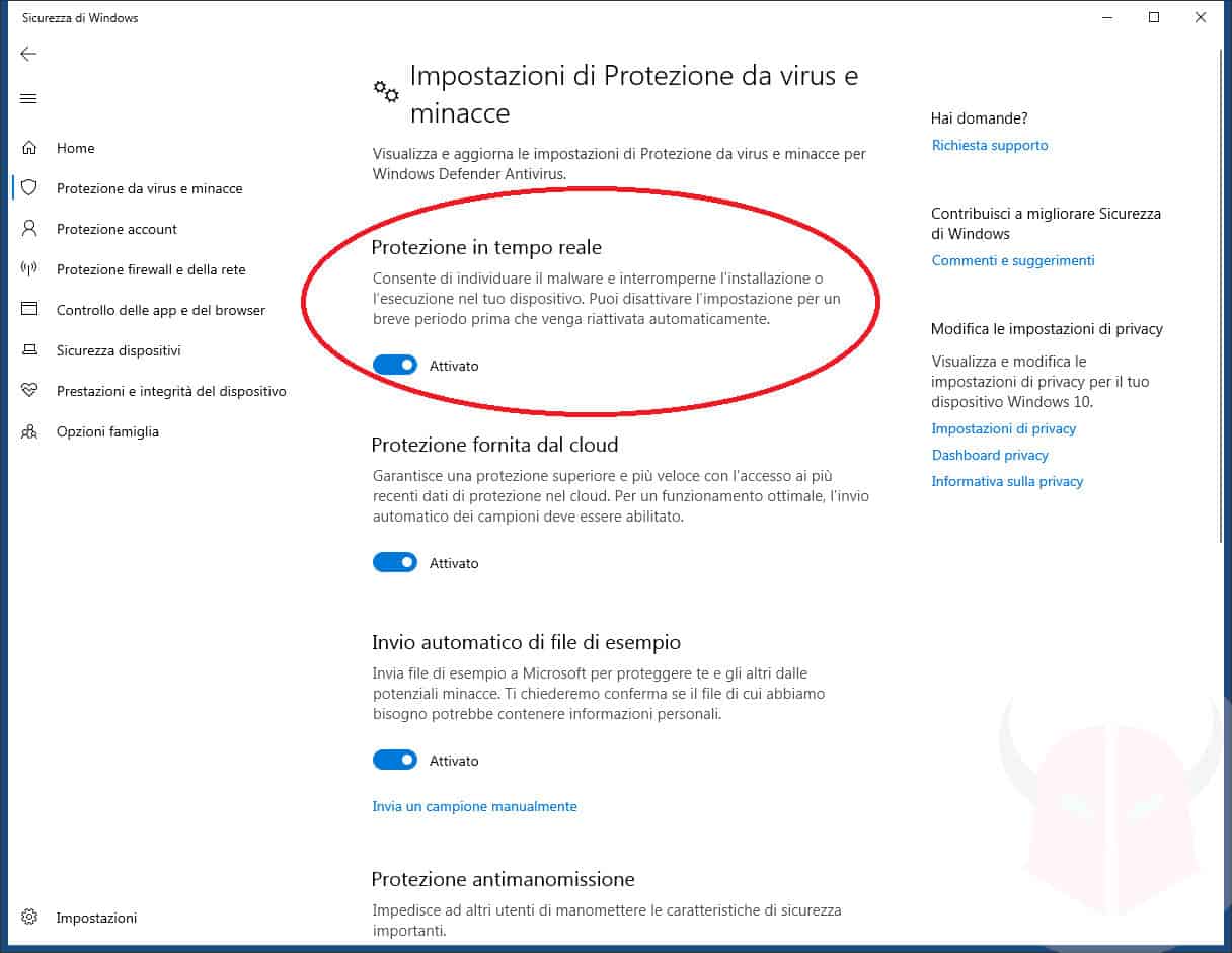 come disattivare Windows Defender protezione in tempo reale W10