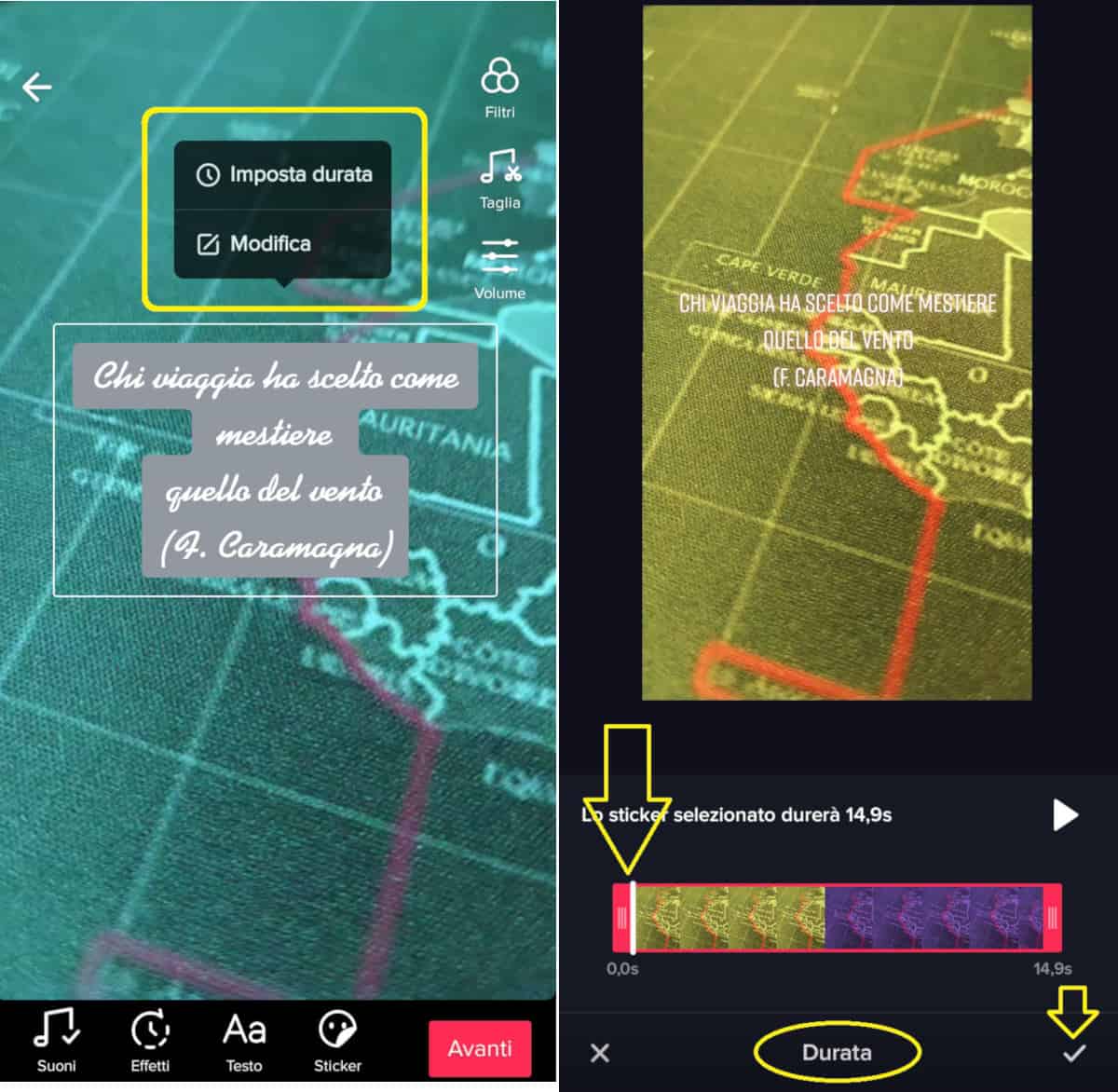 come mettere le scritte su TikTok Bio video con font opzione durata