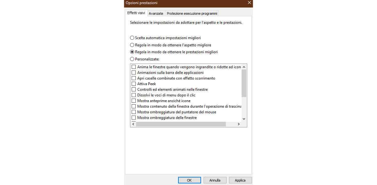 come velocizzare Windows 10 regola effetti visivi