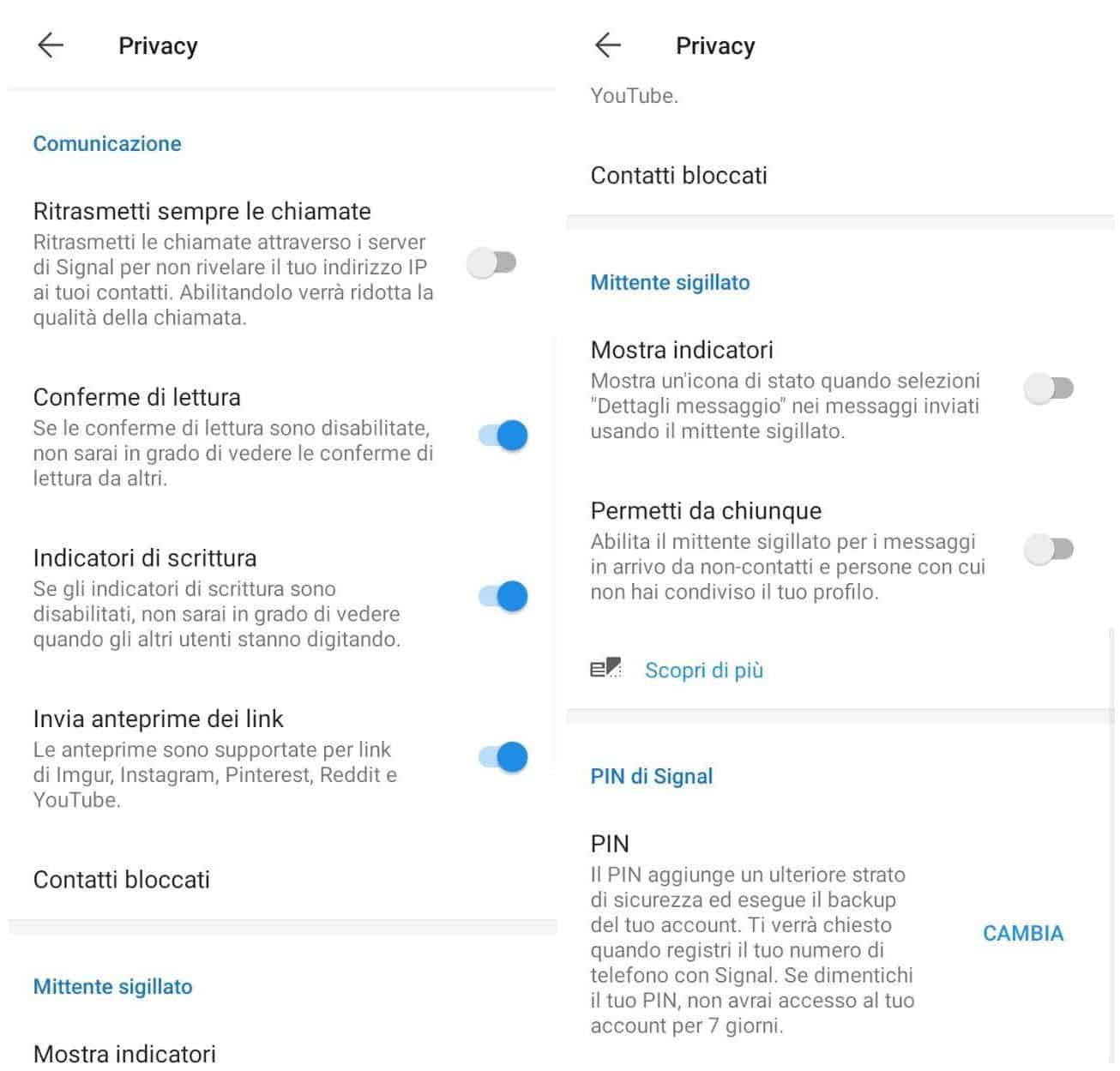 impostazioni di privacy Signal