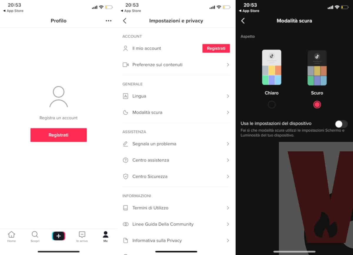 come avere TikTok nero modalità scura iOS