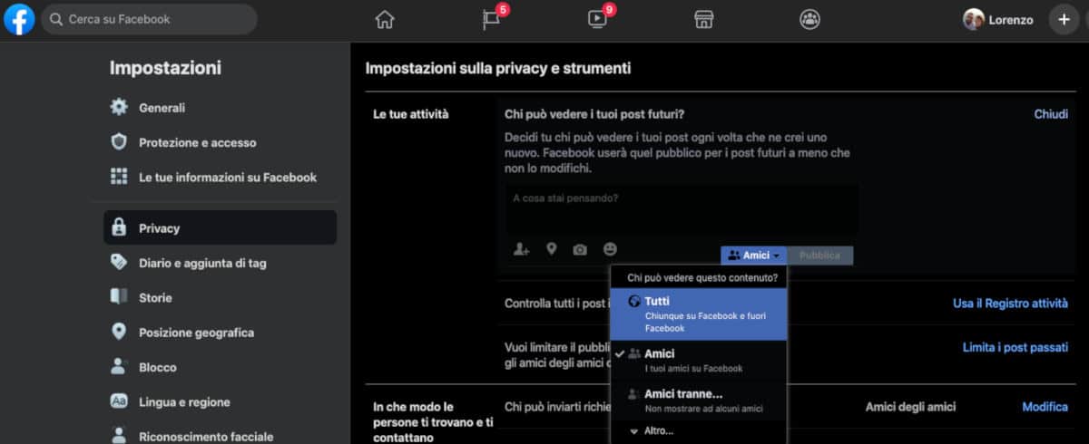 rendere condivisibile un post Facebook impostazioni privacy post futuri