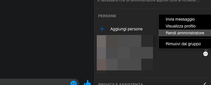 opzione Rendi amministratore gruppi Facebook Messenger