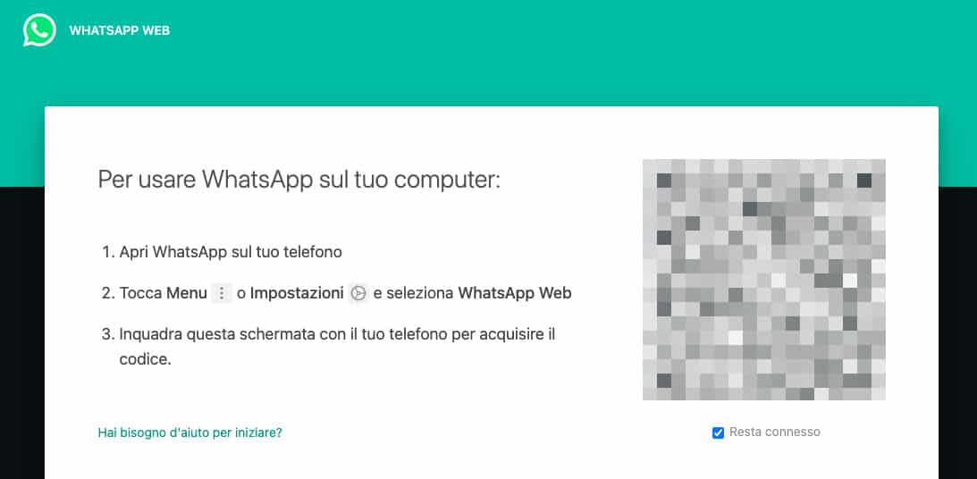 codice QR accesso WhatsApp Web o Desktop