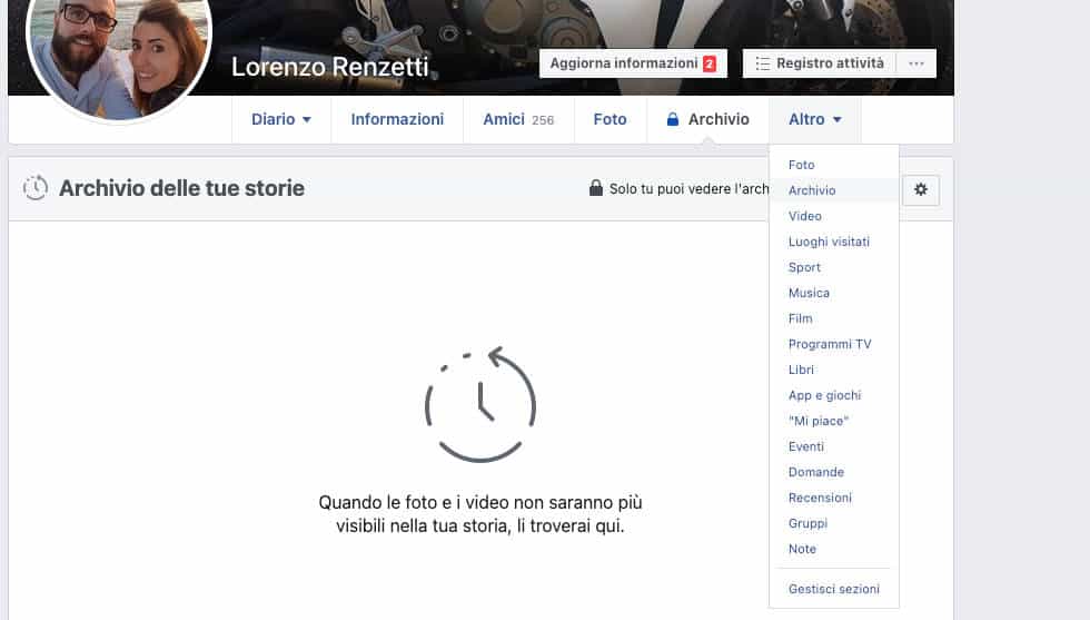 vedere archivio storie Facebook Web