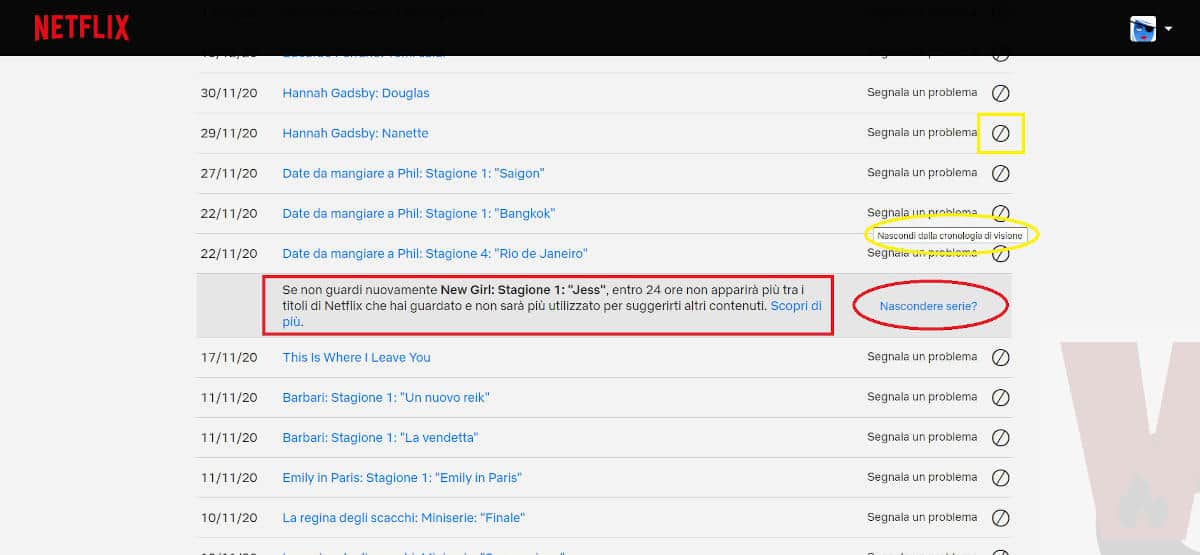opzione Nascondi serie attività profilo Netflix